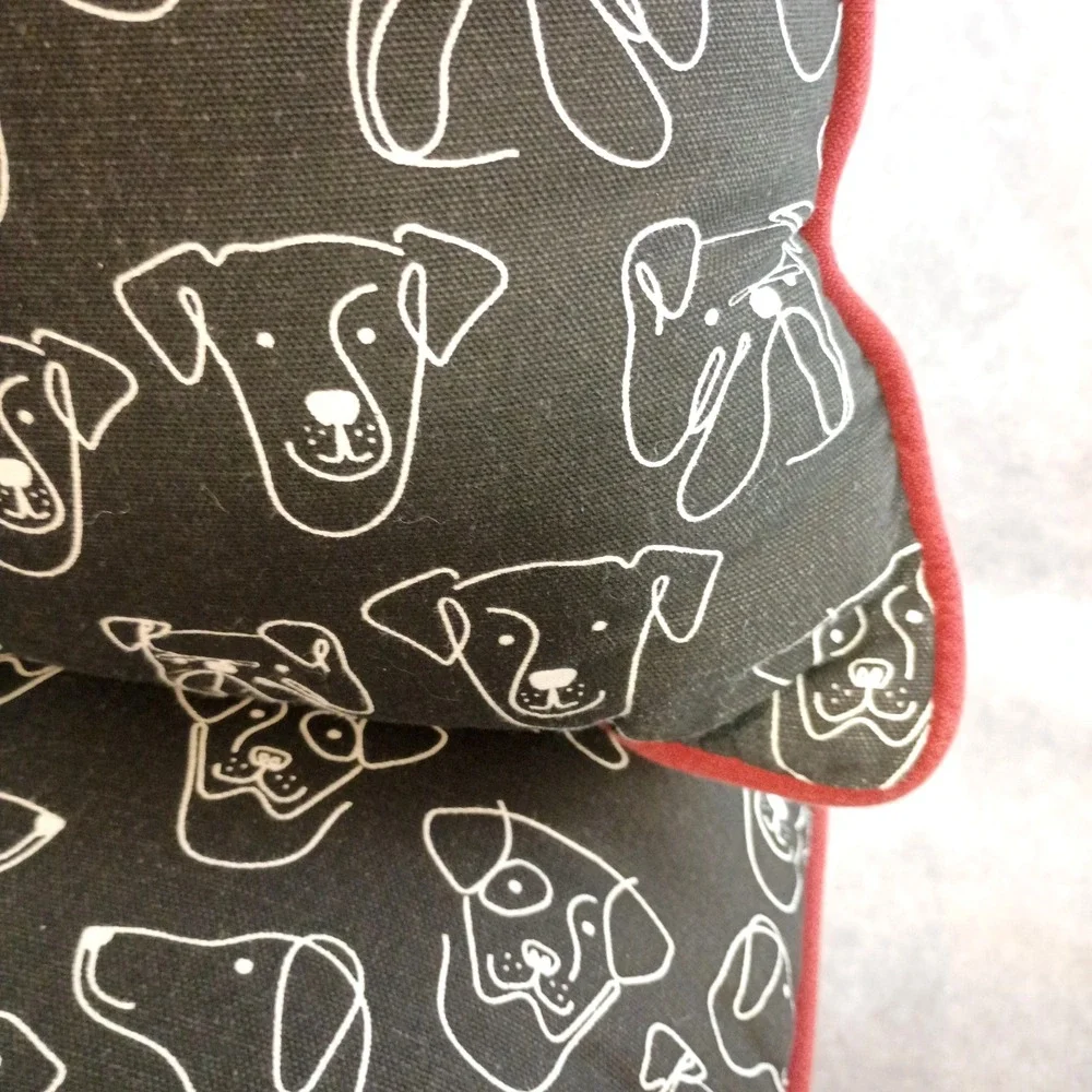 Dog Print Throw Pillow Black White Sketch Pattern with Red Trim 18x18 Home Decor